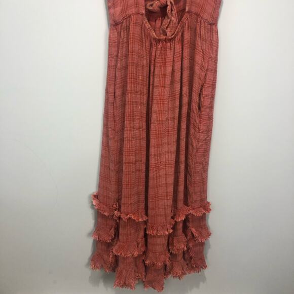 Free People Lily Anne Maxi Dress Plaid Ruffle Hem BackTie Rose Terracotta M - Picture 9 of 15